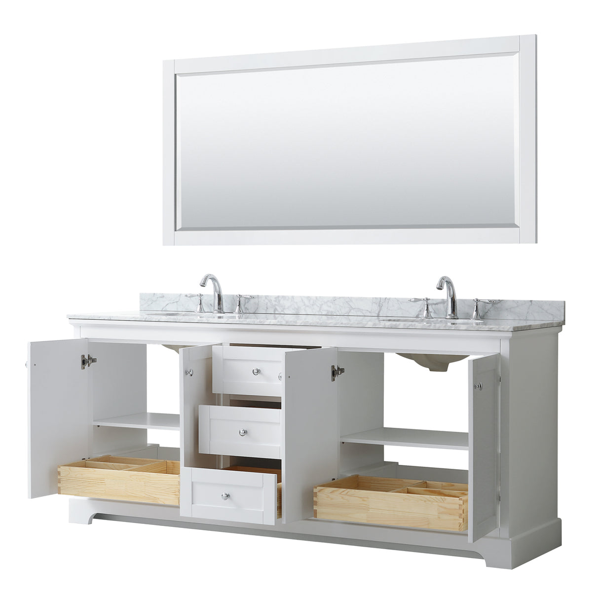 Avery 80 Inch Double Bathroom Vanity in White White Carrara Marble Countertop Undermount Oval Sinks and 70 Inch Mirror