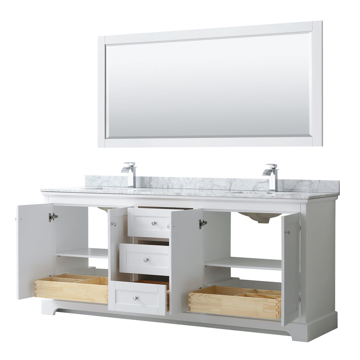 Avery 80 Inch Double Bathroom Vanity in White White Carrara Marble Countertop Undermount Square Sinks and 70 Inch Mirror