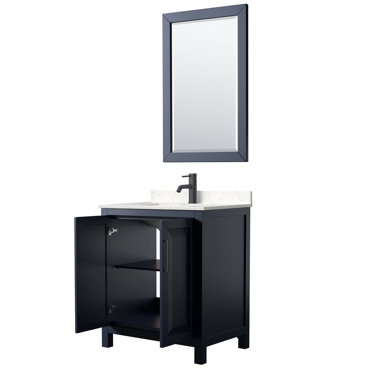 Daria 30 Inch Single Bathroom Vanity in Dark Blue Carrara Cultured Marble Countertop Undermount Square Sink Matte Black Trim 24 Inch Mirror