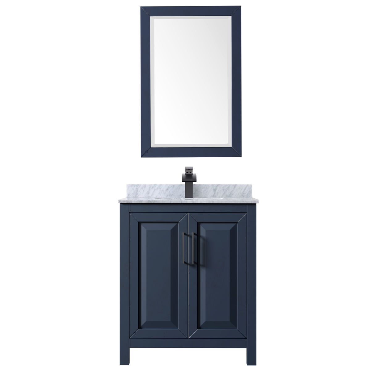 Daria 30 Inch Single Bathroom Vanity in Dark Blue White Carrara Marble Countertop Undermount Square Sink Matte Black Trim 24 Inch Mirror