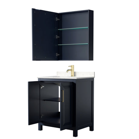 Daria 30 Inch Single Bathroom Vanity in Dark Blue Carrara Cultured Marble Countertop Undermount Square Sink Medicine Cabinet