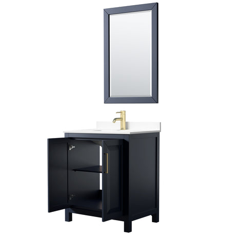 Daria 30 Inch Single Bathroom Vanity in Dark Blue White Cultured Marble Countertop Undermount Square Sink 24 Inch Mirror