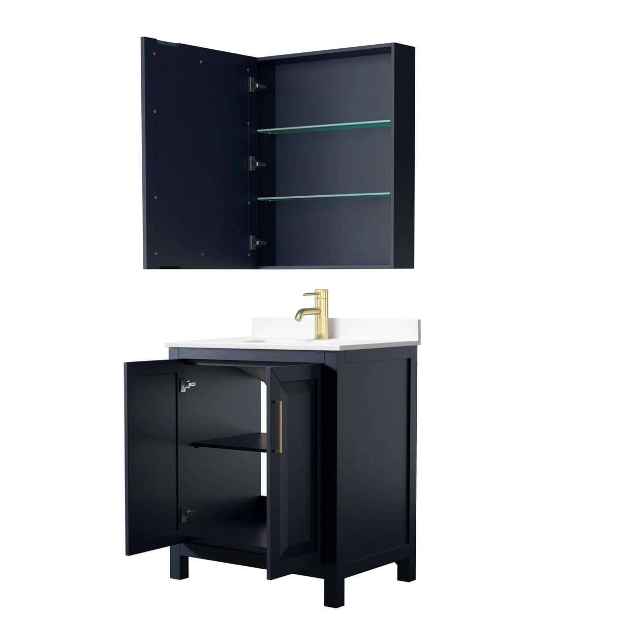 Daria 30 Inch Single Bathroom Vanity in Dark Blue White Cultured Marble Countertop Undermount Square Sink Medicine Cabinet