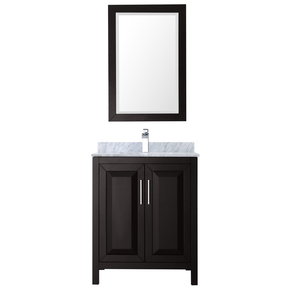 Daria 30 Inch Single Bathroom Vanity in Dark Espresso White Carrara Marble Countertop Undermount Square Sink and 24 Inch Mirror