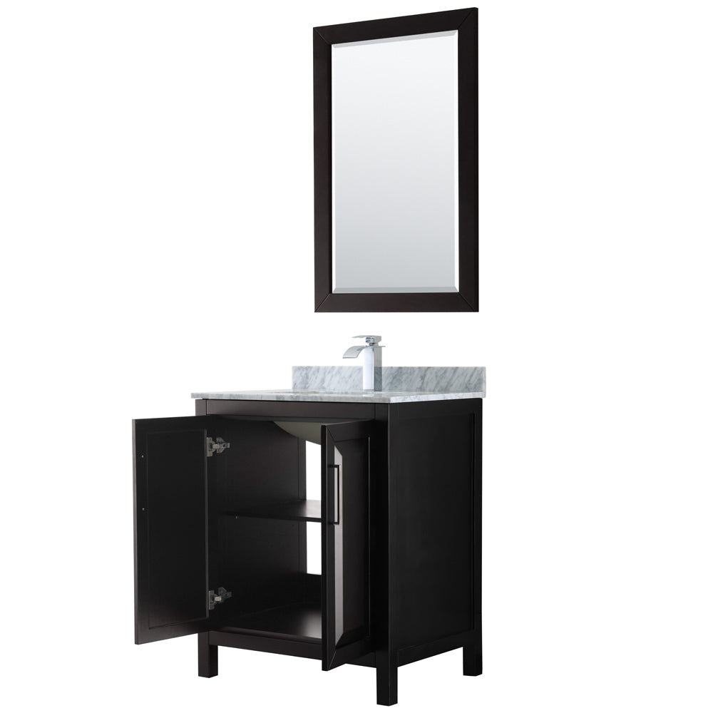 Daria 30 Inch Single Bathroom Vanity in Dark Espresso White Carrara Marble Countertop Undermount Square Sink and 24 Inch Mirror