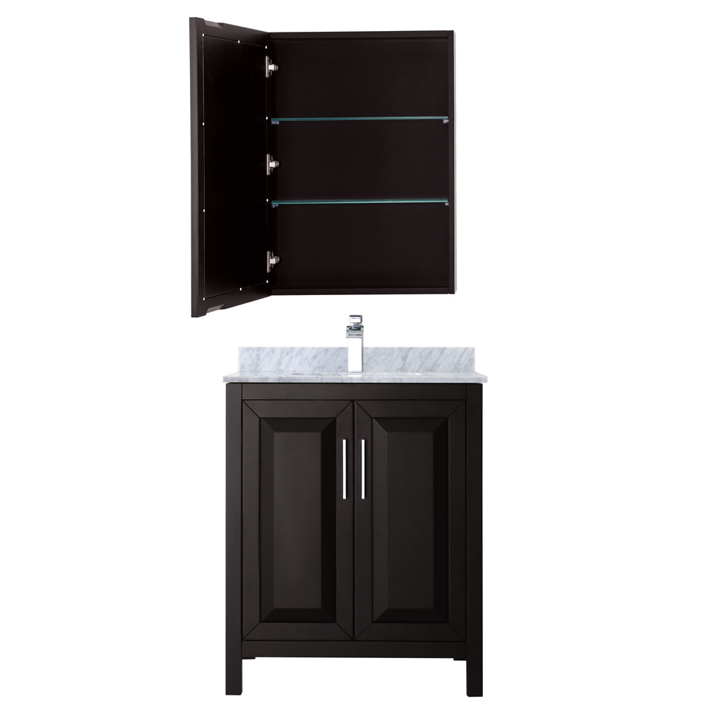 Daria 30 Inch Single Bathroom Vanity in Dark Espresso White Carrara Marble Countertop Undermount Square Sink and Medicine Cabinet