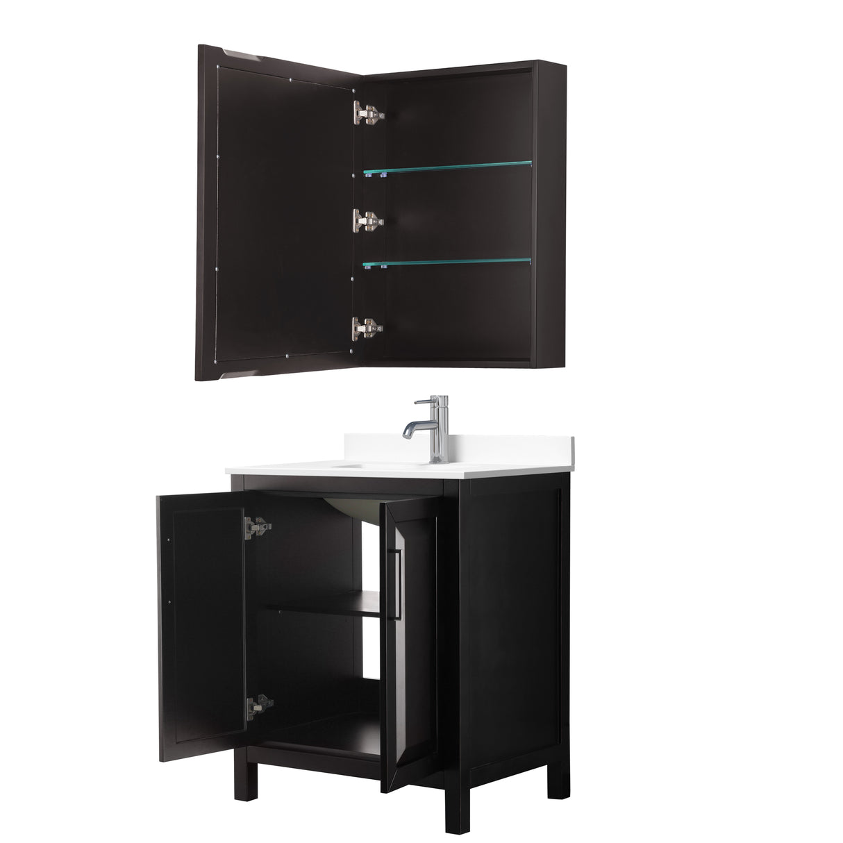 Daria 30 Inch Single Bathroom Vanity in Dark Espresso White Cultured Marble Countertop Undermount Square Sink Medicine Cabinet