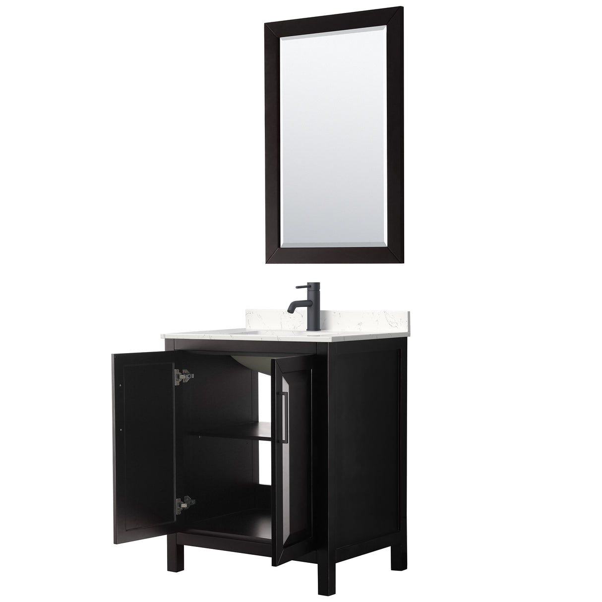 Daria 30 Inch Single Bathroom Vanity in Dark Espresso Carrara Cultured Marble Countertop Undermount Square Sink Matte Black Trim 24 Inch Mirror