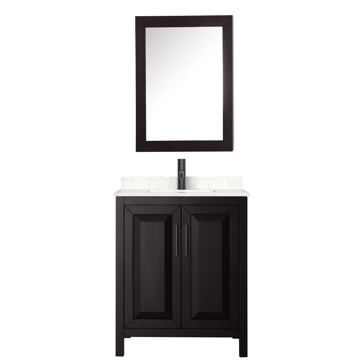 Daria 30 Inch Single Bathroom Vanity in Dark Espresso Carrara Cultured Marble Countertop Undermount Square Sink Matte Black Trim Medicine Cabinet