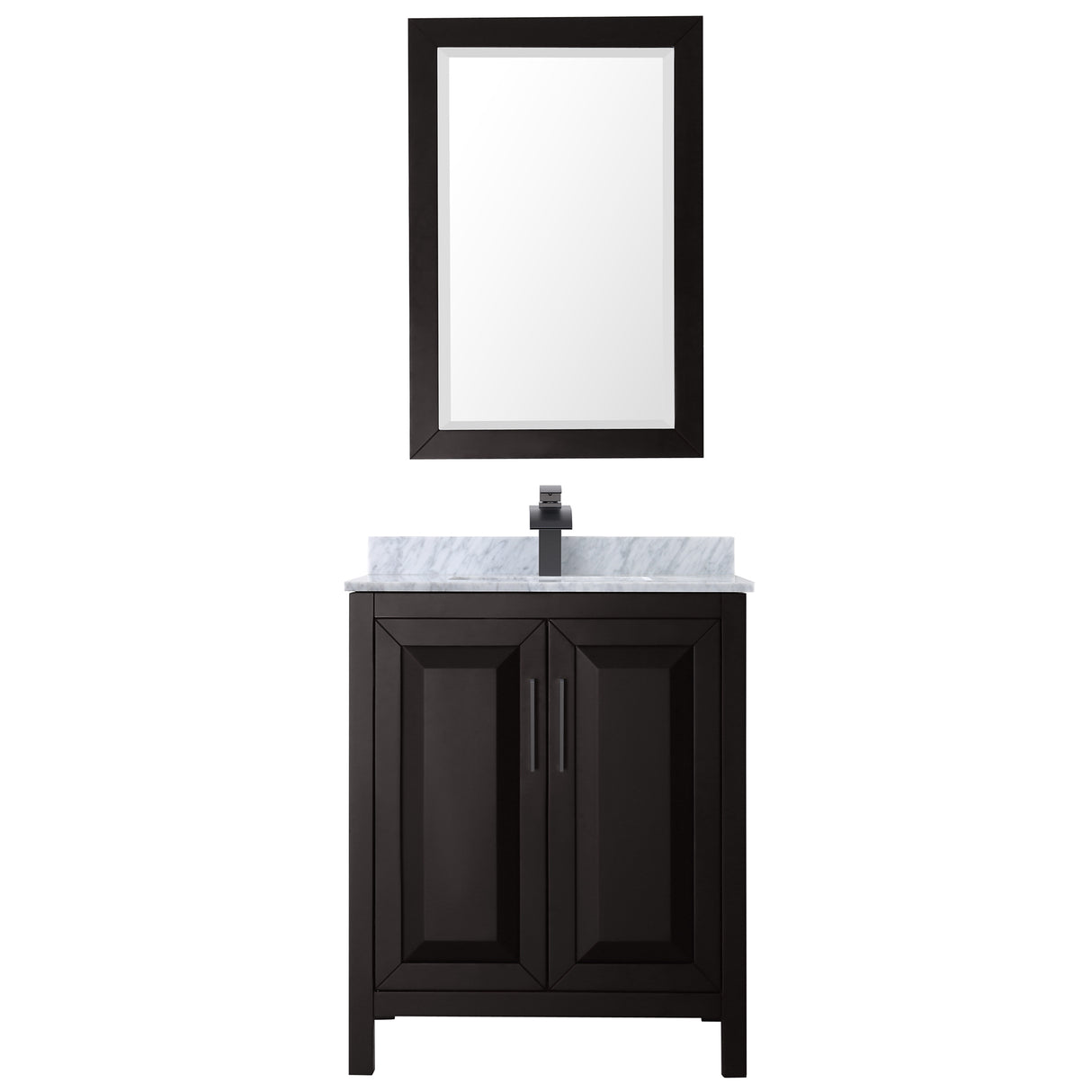 Daria 30 Inch Single Bathroom Vanity in Dark Espresso White Carrara Marble Countertop Undermount Square Sink Matte Black Trim 24 Inch Mirror
