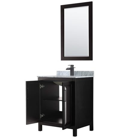 Daria 30 Inch Single Bathroom Vanity in Dark Espresso White Carrara Marble Countertop Undermount Square Sink Matte Black Trim 24 Inch Mirror