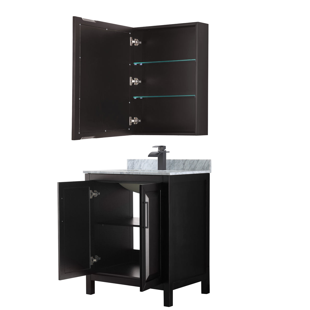 Daria 30 Inch Single Bathroom Vanity in Dark Espresso White Carrara Marble Countertop Undermount Square Sink Matte Black Trim Medicine Cabinet