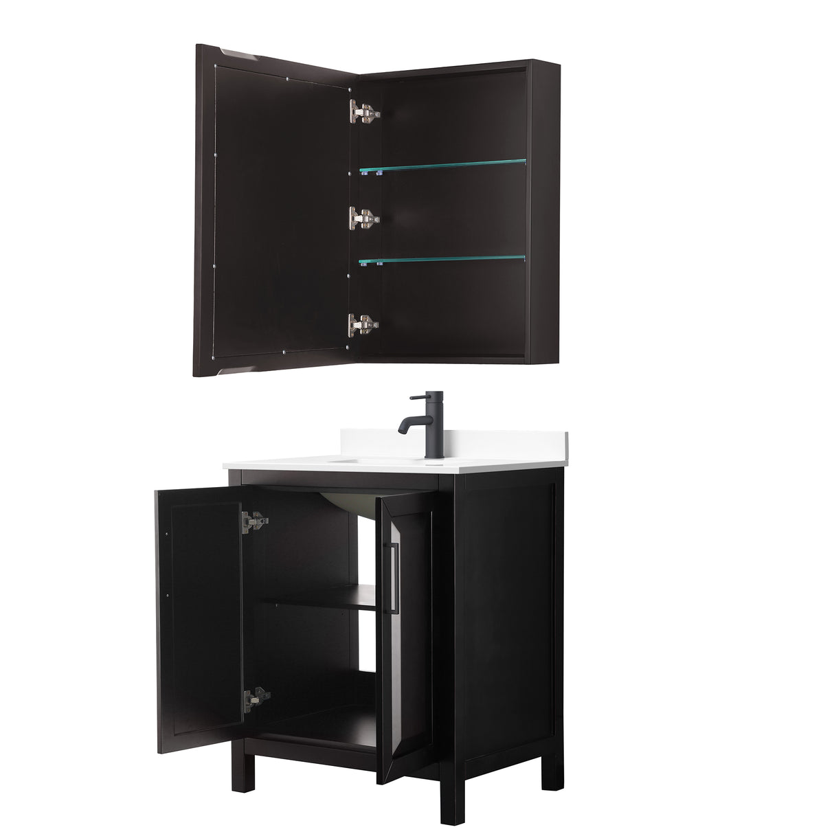 Daria 30 Inch Single Bathroom Vanity in Dark Espresso White Cultured Marble Countertop Undermount Square Sink Matte Black Trim Medicine Cabinet