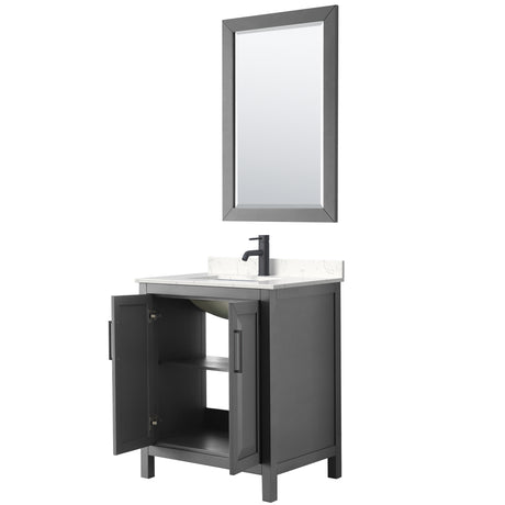 Daria 30 Inch Single Bathroom Vanity in Dark Gray Carrara Cultured Marble Countertop Undermount Square Sink Matte Black Trim 24 Inch Mirror