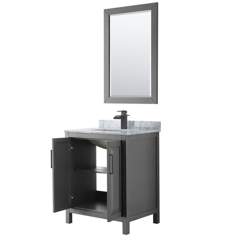Daria 30 Inch Single Bathroom Vanity in Dark Gray White Carrara Marble Countertop Undermount Square Sink Matte Black Trim 24 Inch Mirror