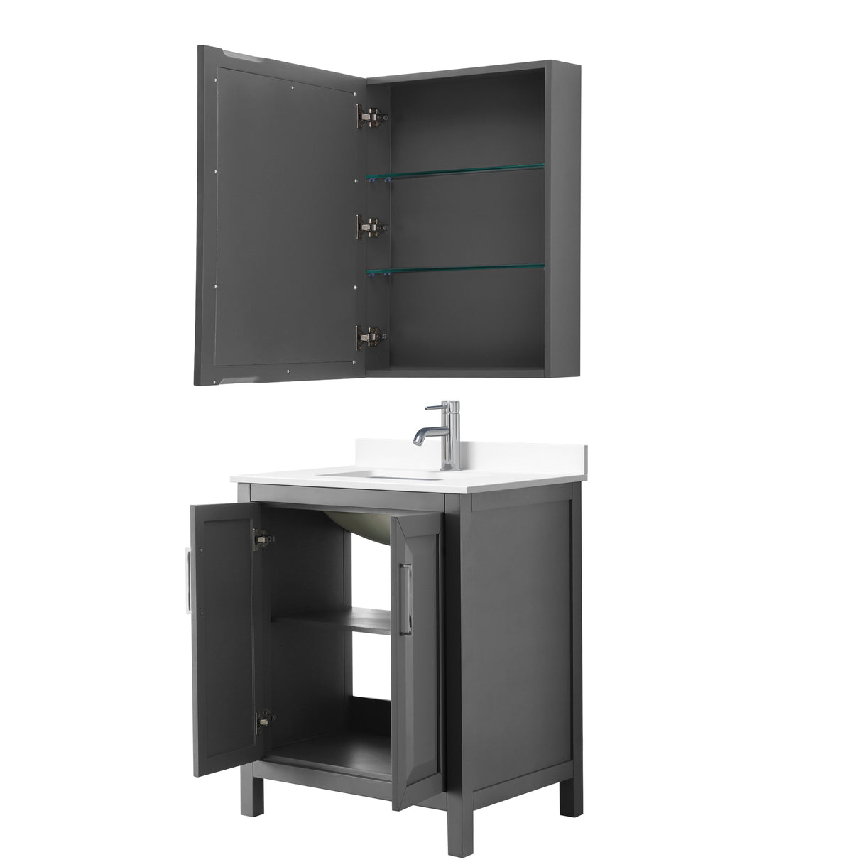 Daria 30 Inch Single Bathroom Vanity in Dark Gray White Cultured Marble Countertop Undermount Square Sink Medicine Cabinet