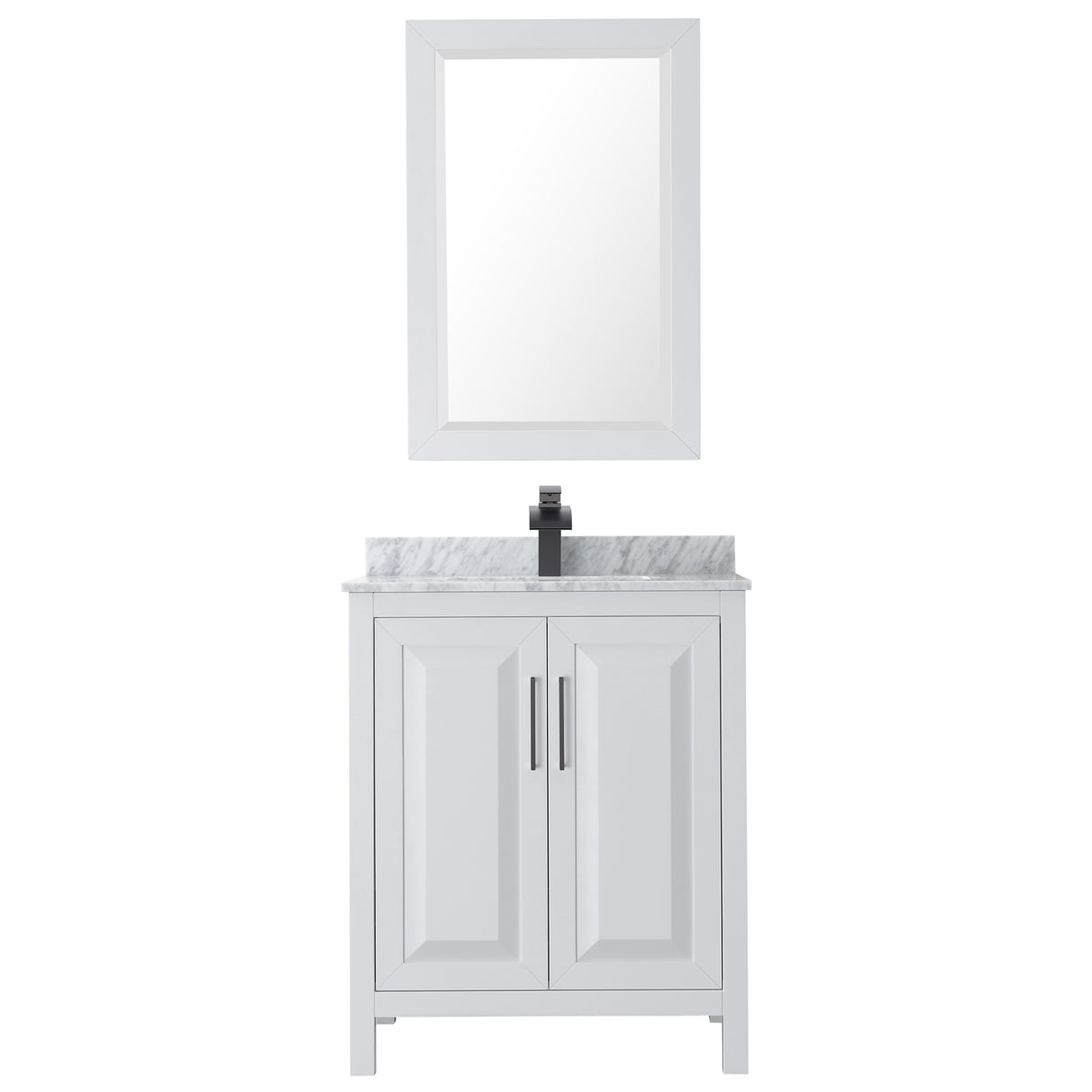 Daria 30 Inch Single Bathroom Vanity in White White Carrara Marble Countertop Undermount Square Sink Matte Black Trim 24 Inch Mirror