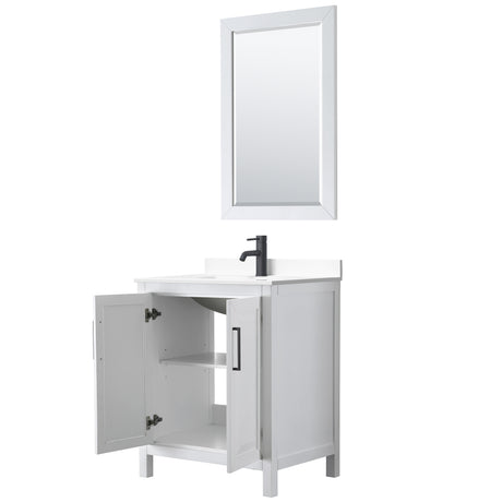 Daria 30 Inch Single Bathroom Vanity in White White Cultured Marble Countertop Undermount Square Sink Matte Black Trim 24 Inch Mirror