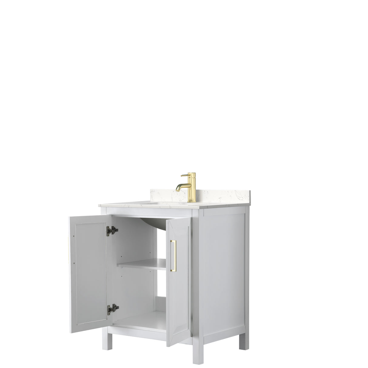 Daria 30 Inch Single Bathroom Vanity in White Carrara Cultured Marble Countertop Undermount Square Sink Brushed Gold Trim