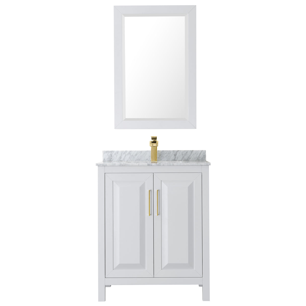 Daria 30 Inch Single Bathroom Vanity in White White Carrara Marble Countertop Undermount Square Sink 24 Inch Mirror Brushed Gold Trim