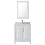 Daria 30 Inch Single Bathroom Vanity in White White Carrara Marble Countertop Undermount Square Sink 24 Inch Mirror Brushed Gold Trim