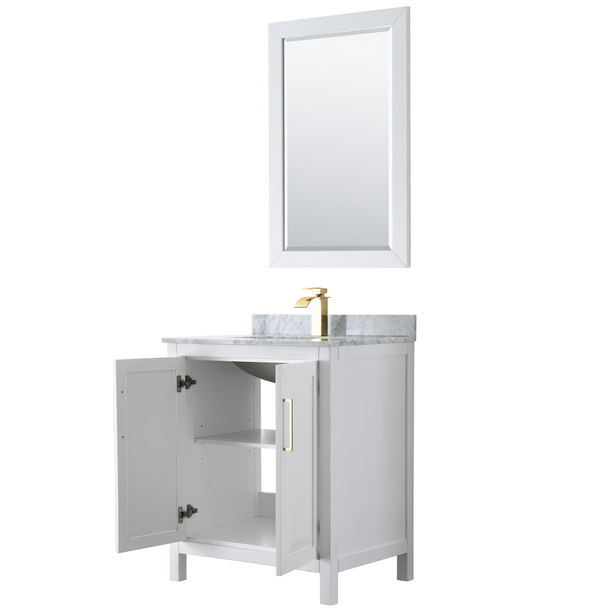 Daria 30 Inch Single Bathroom Vanity in White White Carrara Marble Countertop Undermount Square Sink 24 Inch Mirror Brushed Gold Trim