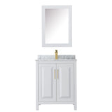 Daria 30 Inch Single Bathroom Vanity in White White Carrara Marble Countertop Undermount Square Sink Medicine Cabinet Brushed Gold Trim