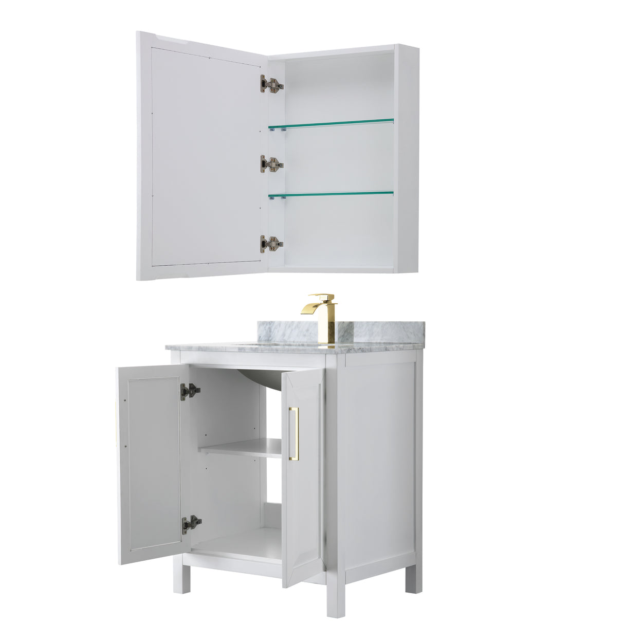 Daria 30 Inch Single Bathroom Vanity in White White Carrara Marble Countertop Undermount Square Sink Medicine Cabinet Brushed Gold Trim