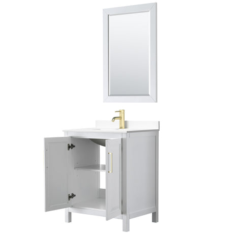 Daria 30 Inch Single Bathroom Vanity in White White Cultured Marble Countertop Undermount Square Sink 24 Inch Mirror Brushed Gold Trim