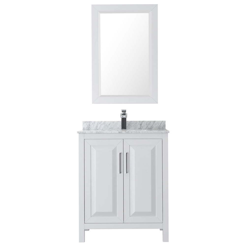 Daria 30 Inch Single Bathroom Vanity in White White Carrara Marble Countertop Undermount Square Sink and 24 Inch Mirror