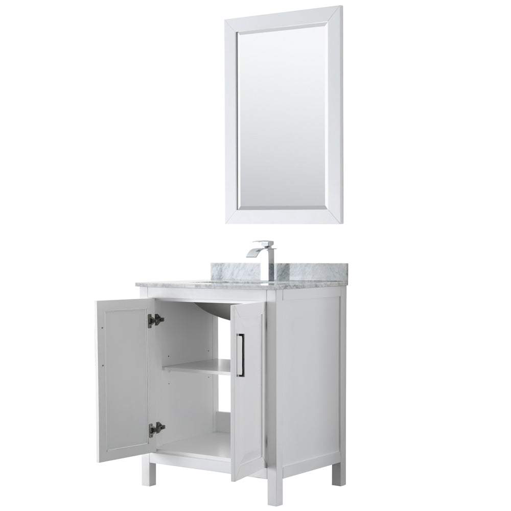 Daria 30 Inch Single Bathroom Vanity in White White Carrara Marble Countertop Undermount Square Sink and 24 Inch Mirror