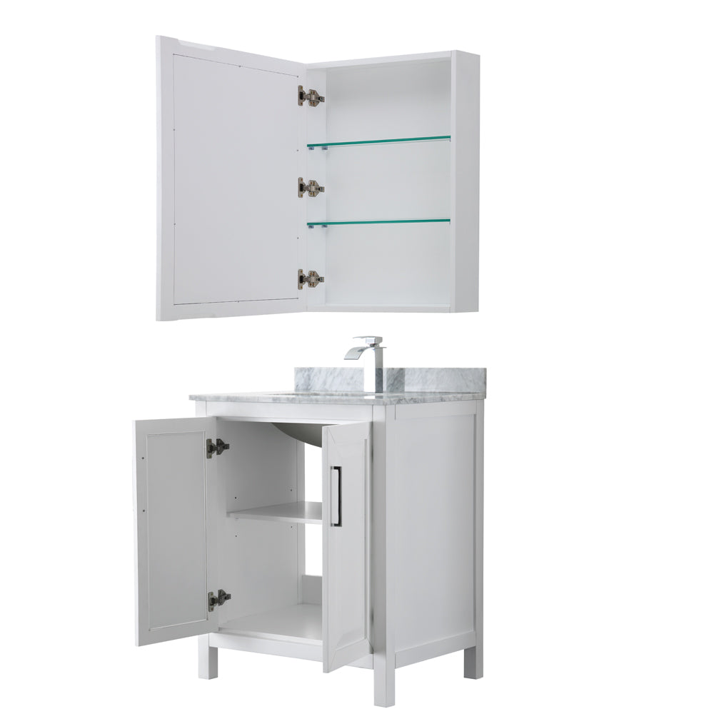 Daria 30 Inch Single Bathroom Vanity in White White Carrara Marble Countertop Undermount Square Sink and Medicine Cabinet