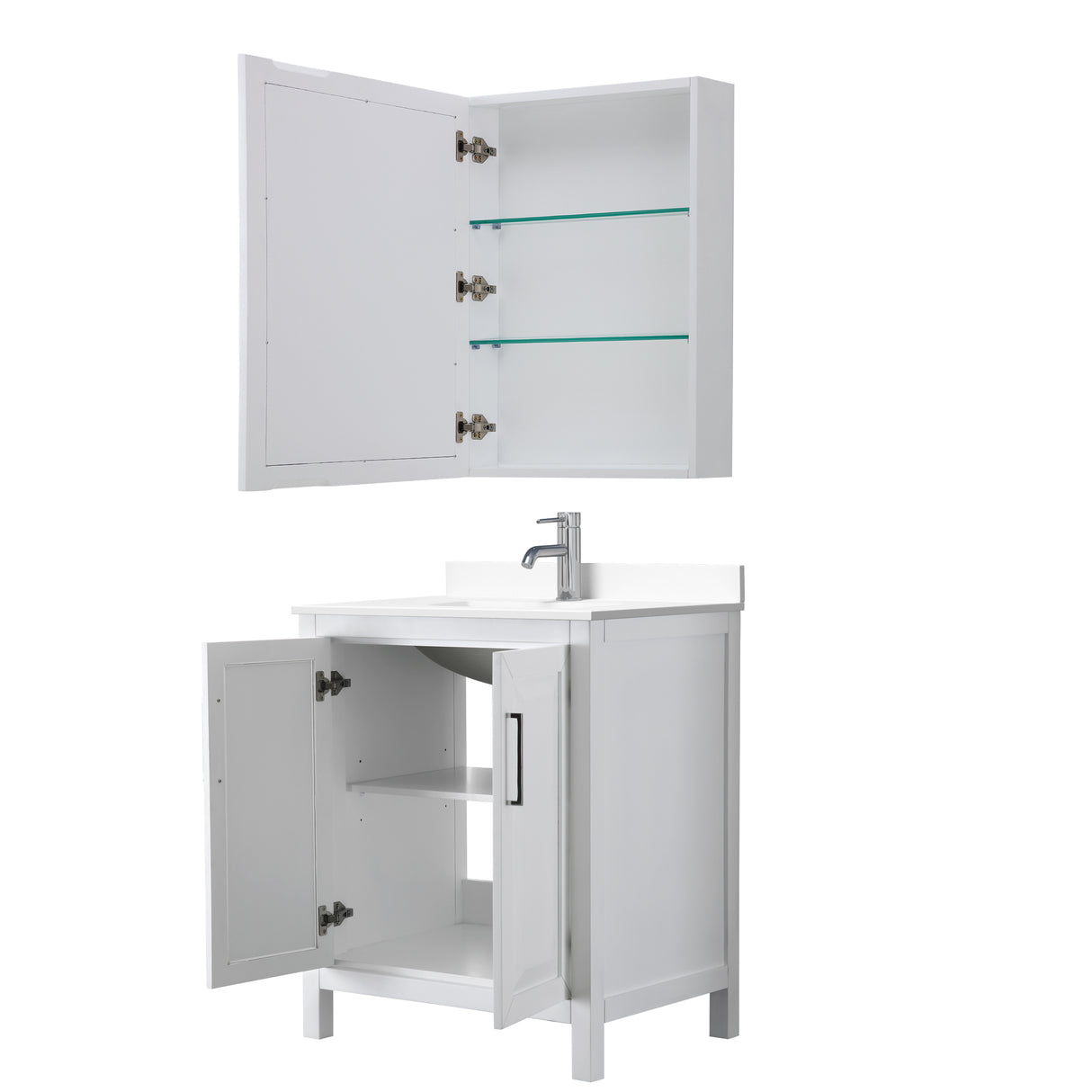 Daria 30 Inch Single Bathroom Vanity in White White Cultured Marble Countertop Undermount Square Sink Medicine Cabinet