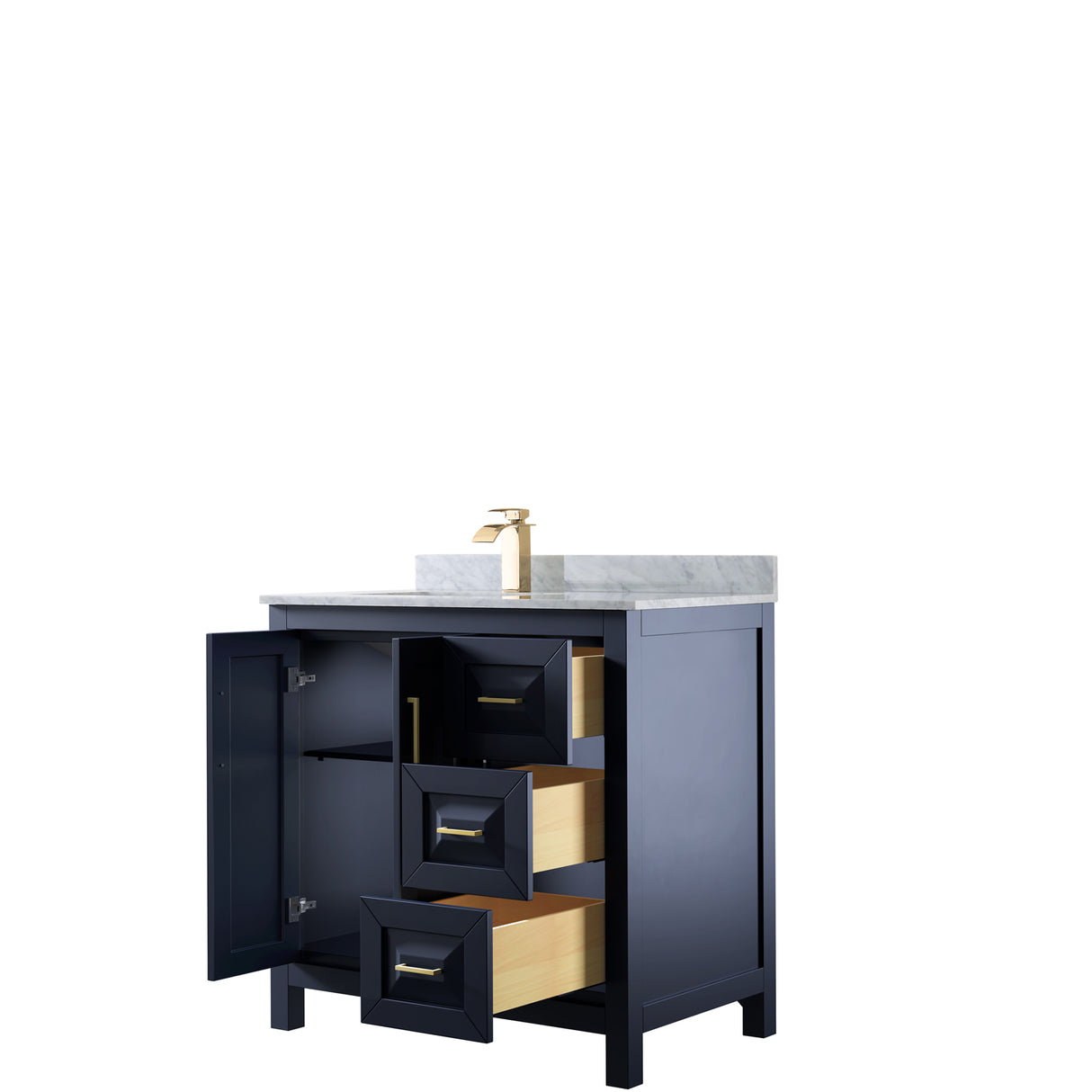 Daria 36 Inch Single Bathroom Vanity in Dark Blue White Carrara Marble Countertop Undermount Square Sink No Mirror