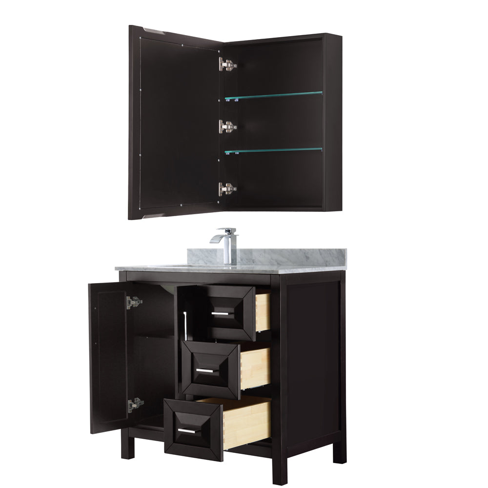 Daria 36 Inch Single Bathroom Vanity in Dark Espresso White Carrara Marble Countertop Undermount Square Sink and Medicine Cabinet