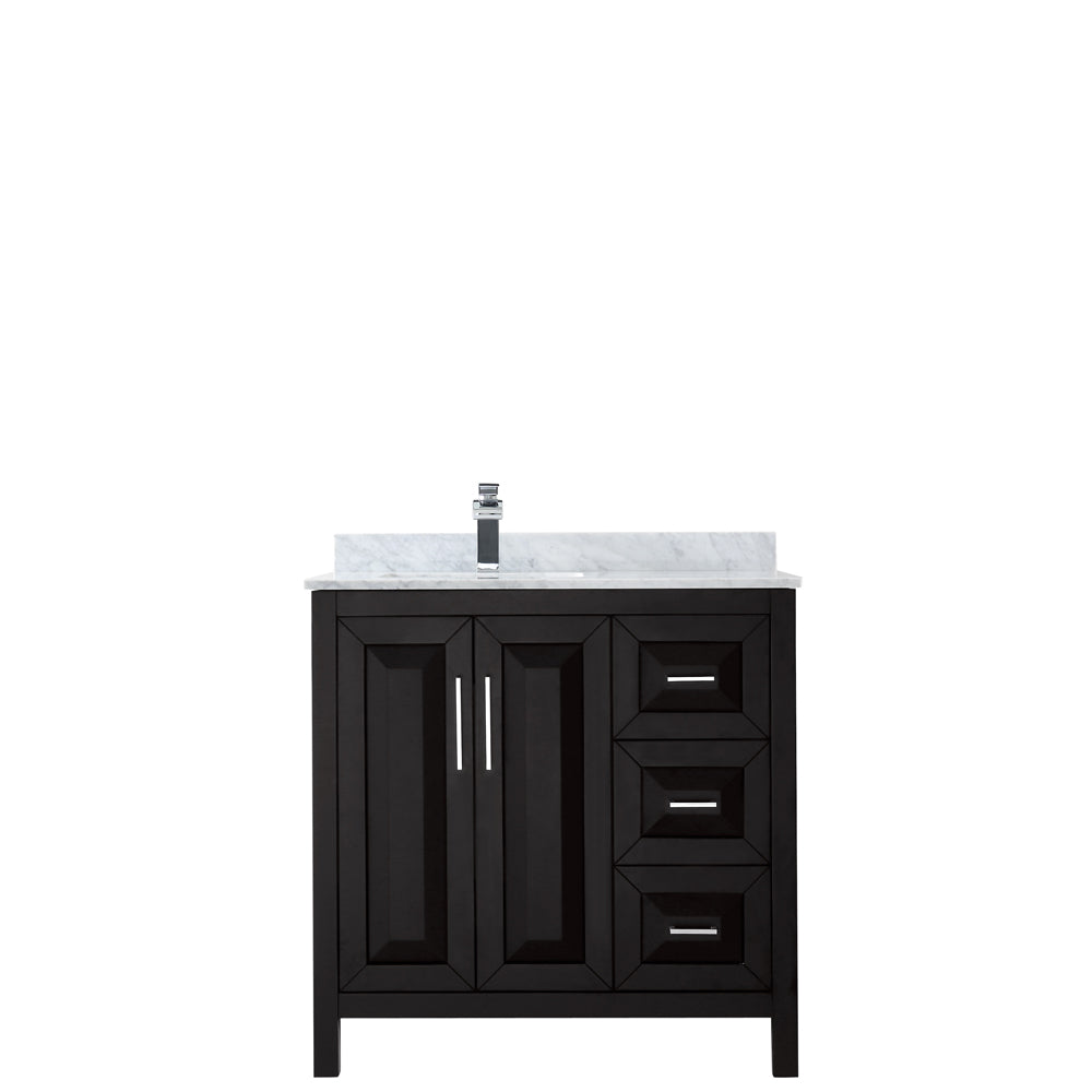 Daria 36 Inch Single Bathroom Vanity in Dark Espresso White Carrara Marble Countertop Undermount Square Sink and No Mirror
