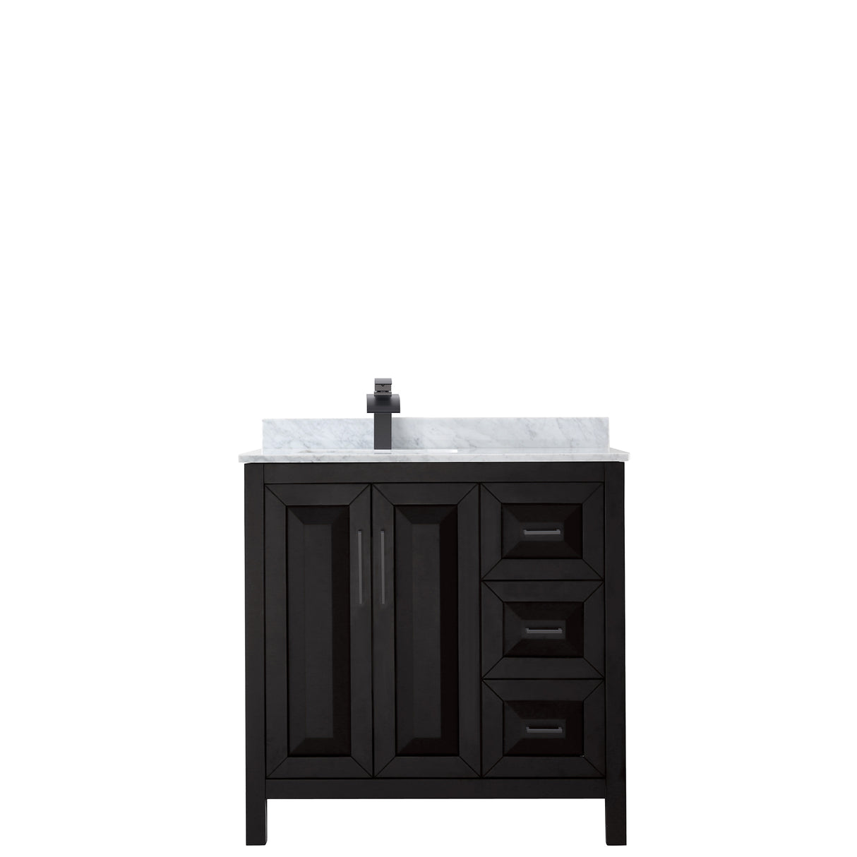 Daria 36 Inch Single Bathroom Vanity in Dark Espresso White Carrara Marble Countertop Undermount Square Sink Matte Black Trim