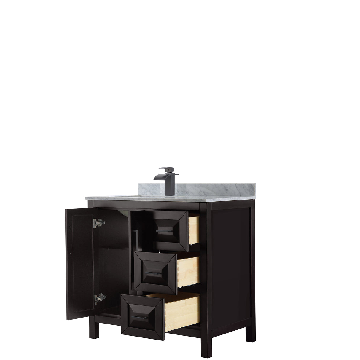 Daria 36 Inch Single Bathroom Vanity in Dark Espresso White Carrara Marble Countertop Undermount Square Sink Matte Black Trim