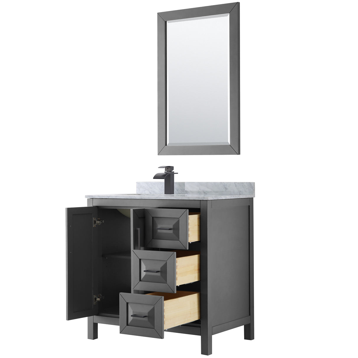 Daria 36 Inch Single Bathroom Vanity in Dark Gray White Carrara Marble Countertop Undermount Square Sink Matte Black Trim 24 Inch Mirror