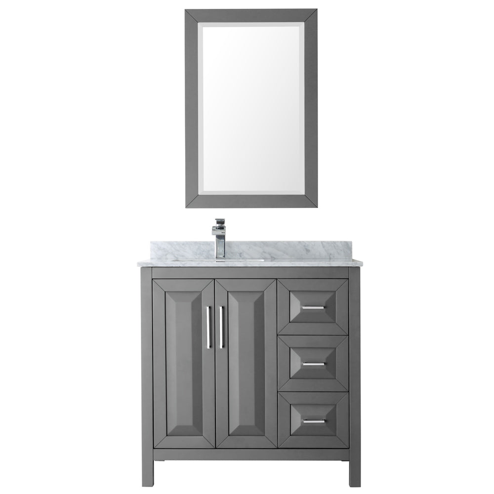 Daria 36 Inch Single Bathroom Vanity in Dark Gray White Carrara Marble Countertop Undermount Square Sink and 24 Inch Mirror