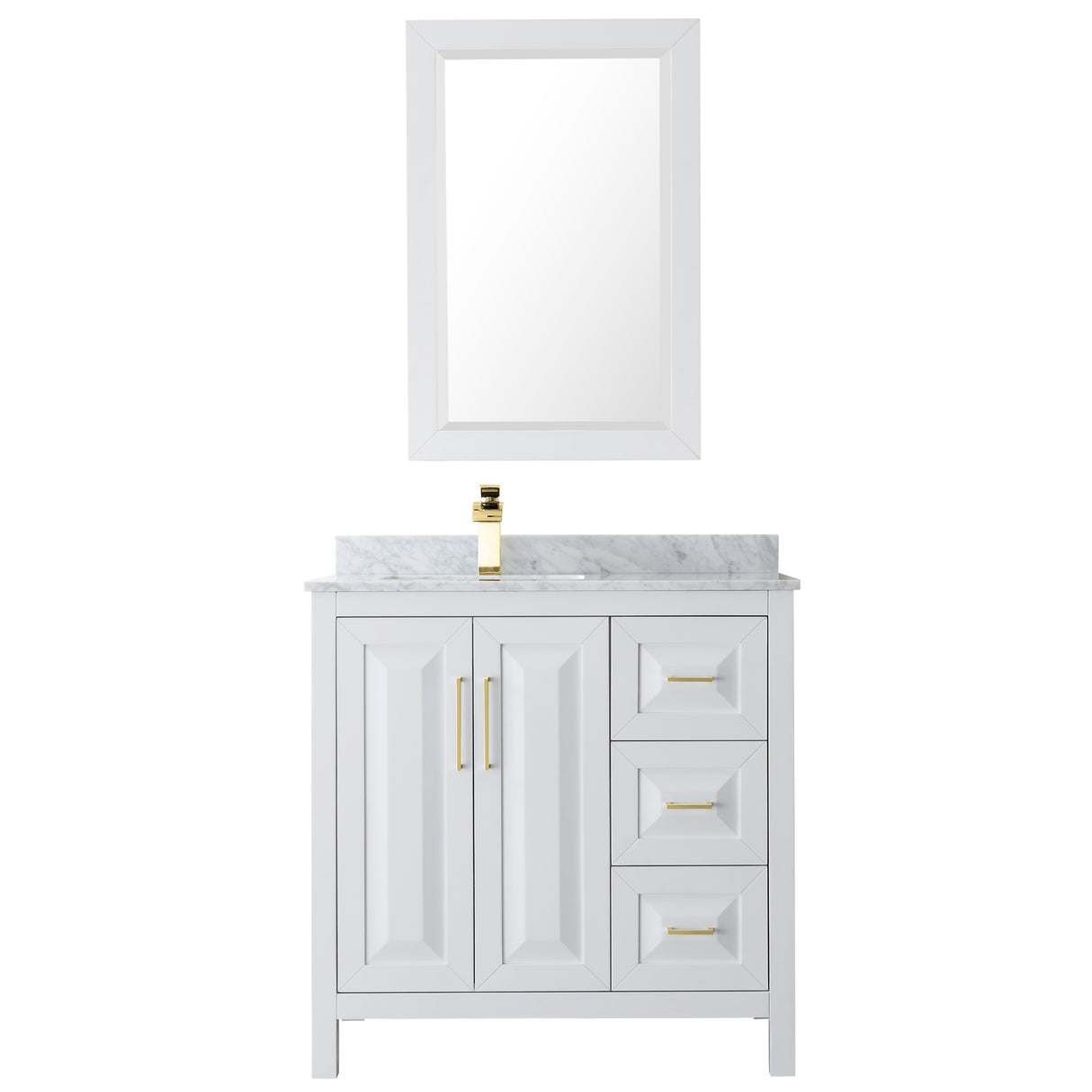 Daria 36 Inch Single Bathroom Vanity in White White Carrara Marble Countertop Undermount Square Sink 24 Inch Mirror Brushed Gold Trim