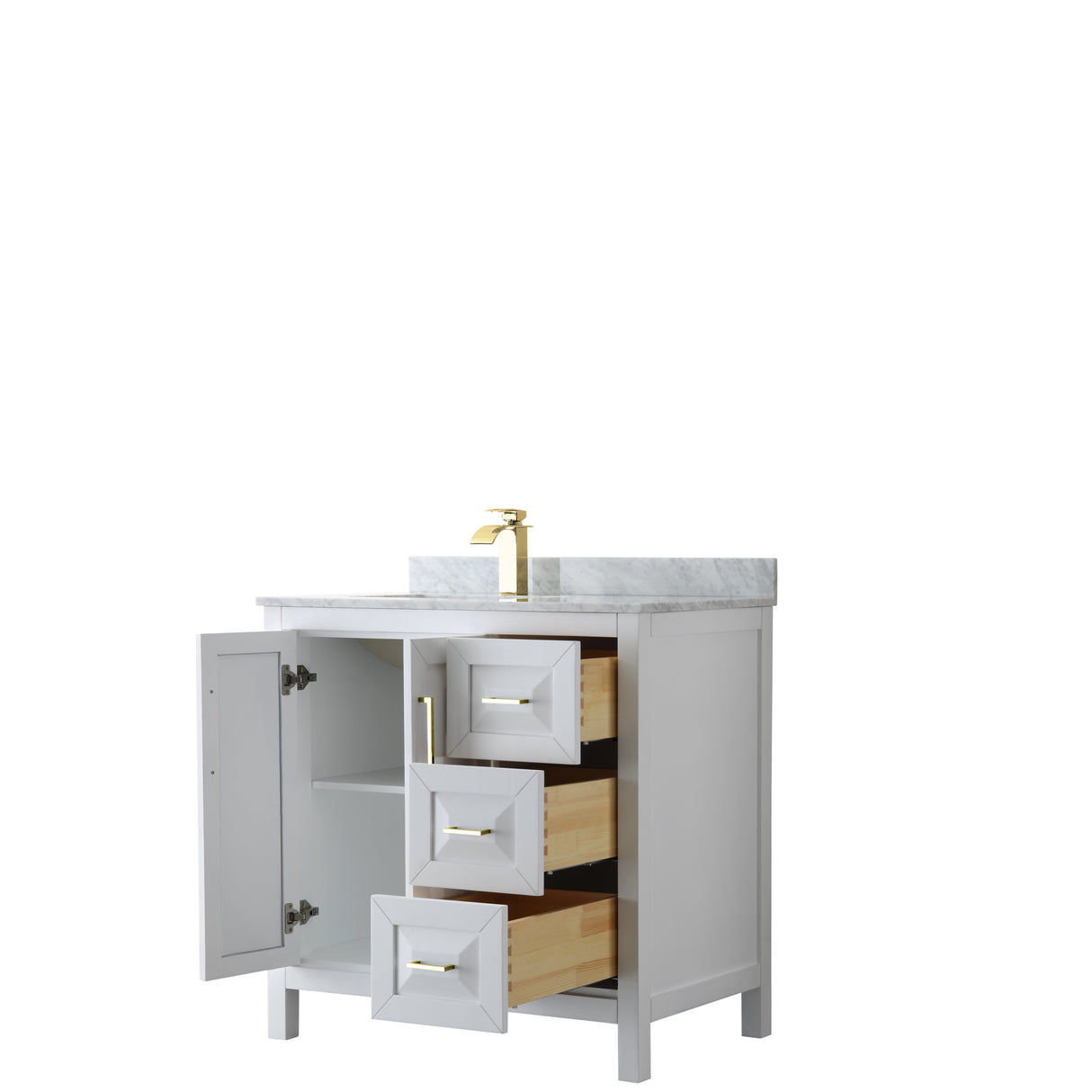 Daria 36 Inch Single Bathroom Vanity in White White Carrara Marble Countertop Undermount Square Sink Brushed Gold Trim