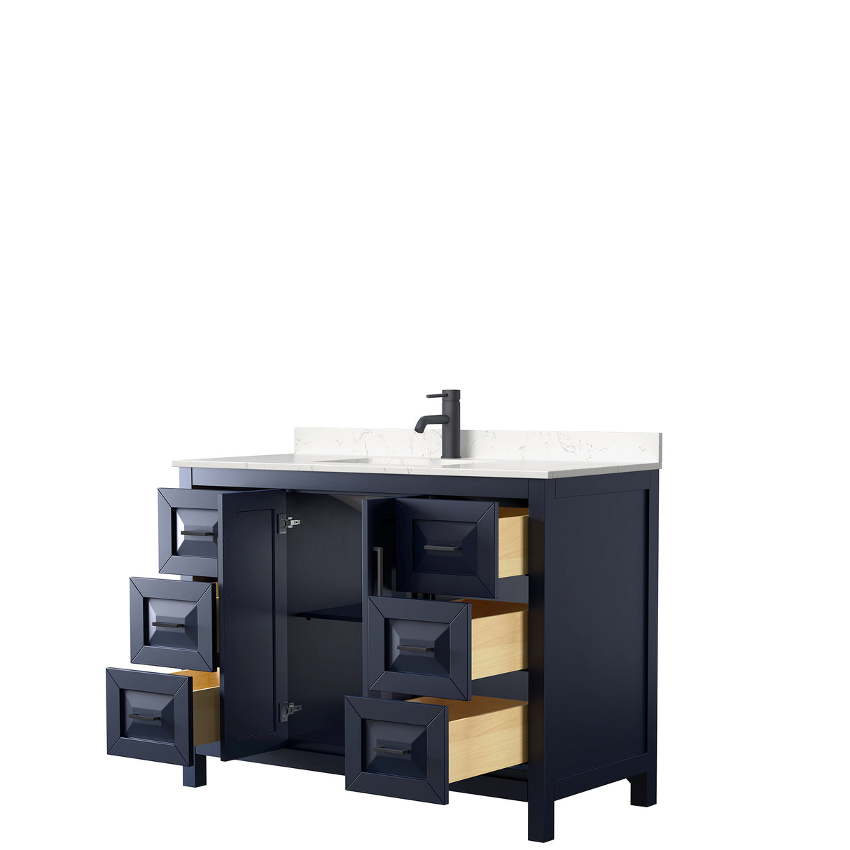 Daria 48 Inch Single Bathroom Vanity in Dark Blue Carrara Cultured Marble Countertop Undermount Square Sink Matte Black Trim