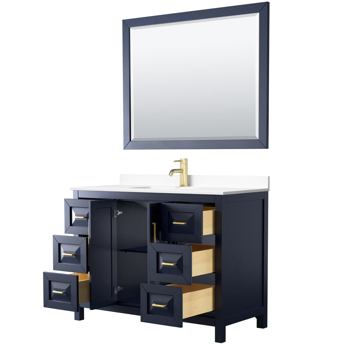 Daria 48 Inch Single Bathroom Vanity in Dark Blue White Cultured Marble Countertop Undermount Square Sink 46 Inch Mirror