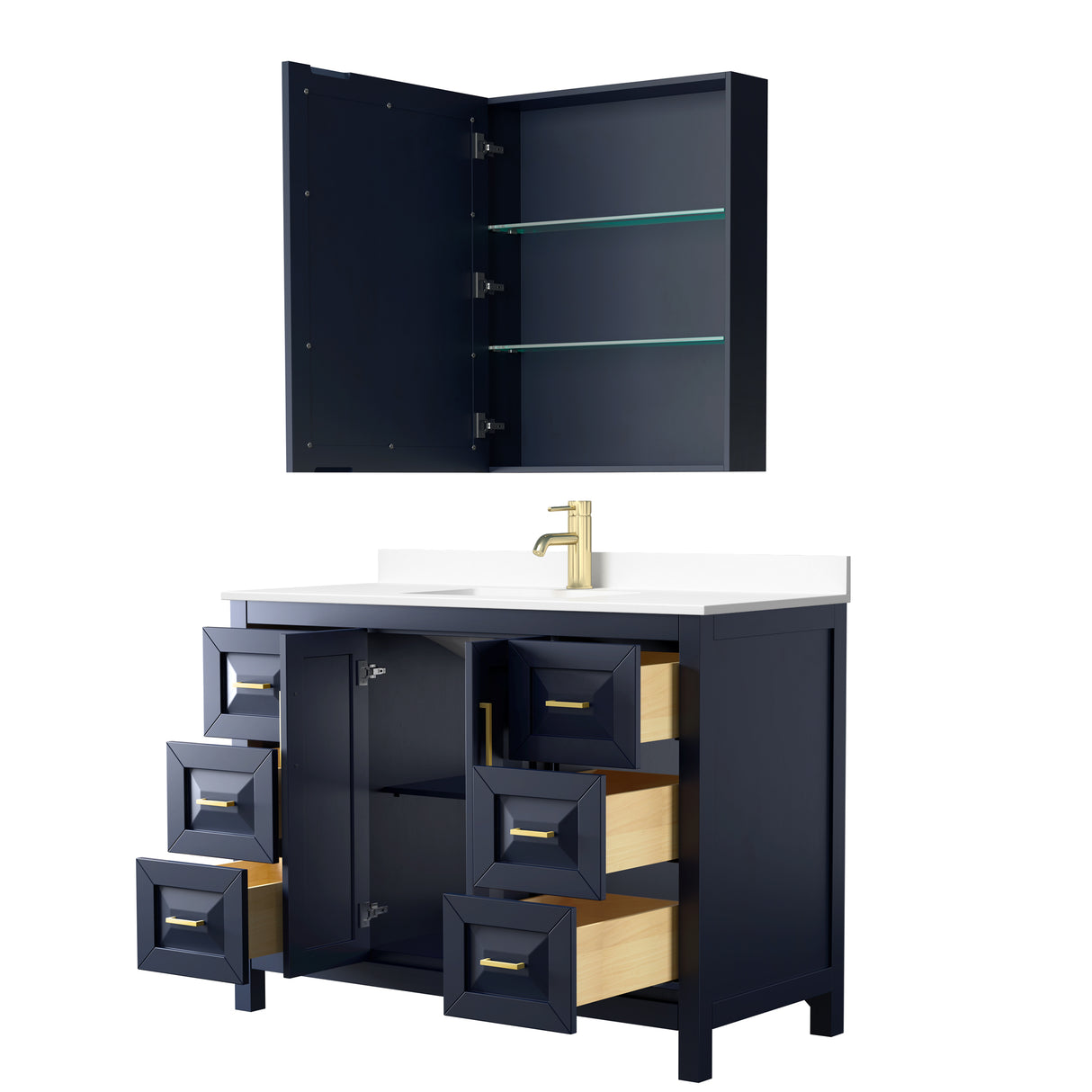 Daria 48 Inch Single Bathroom Vanity in Dark Blue White Cultured Marble Countertop Undermount Square Sink Medicine Cabinet