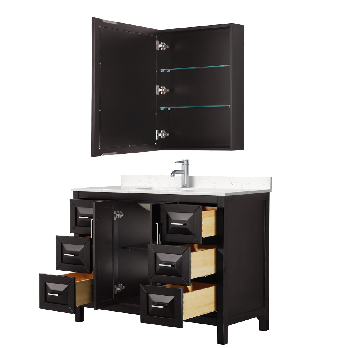 Daria 48 Inch Single Bathroom Vanity in Dark Espresso Carrara Cultured Marble Countertop Undermount Square Sink Medicine Cabinet