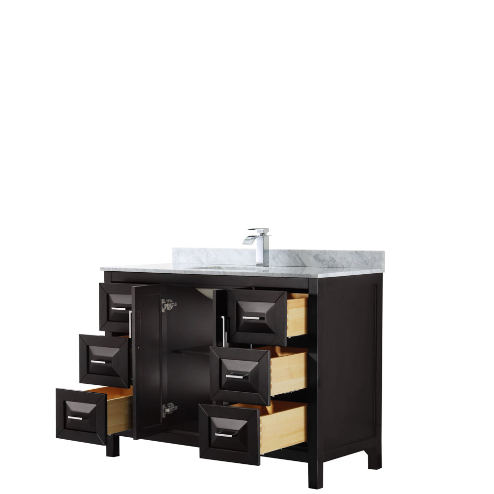 Daria 48 Inch Single Bathroom Vanity in Dark Espresso White Carrara Marble Countertop Undermount Square Sink and No Mirror