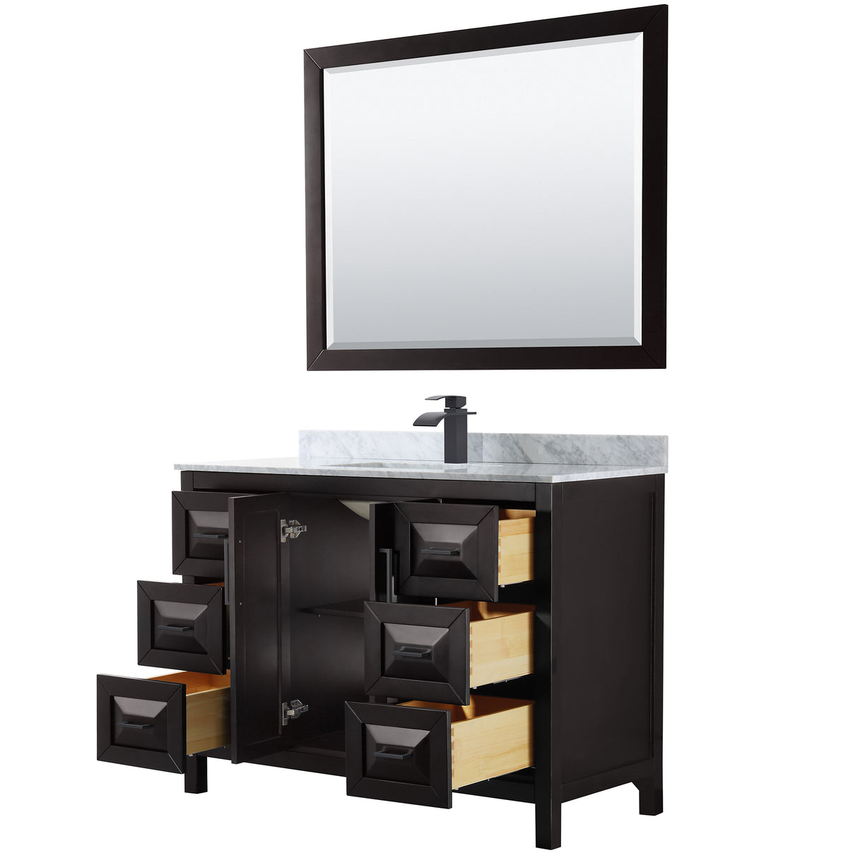 Daria 48 Inch Single Bathroom Vanity in Dark Espresso White Carrara Marble Countertop Undermount Square Sink Matte Black Trim 46 Inch Mirror