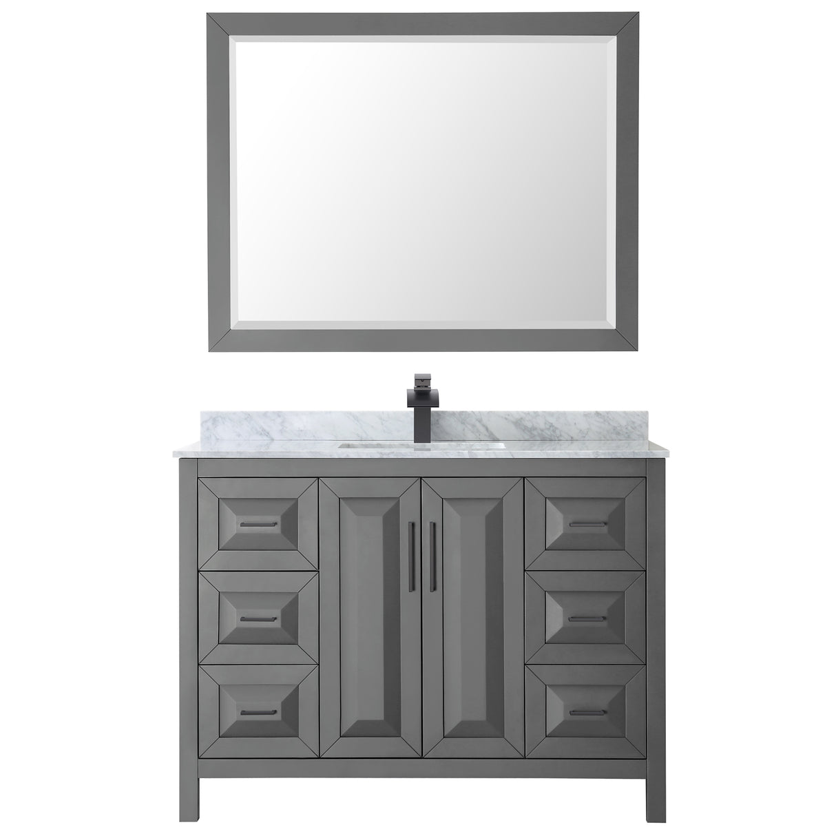 Daria 48 Inch Single Bathroom Vanity in Dark Gray White Carrara Marble Countertop Undermount Square Sink Matte Black Trim 46 Inch Mirror