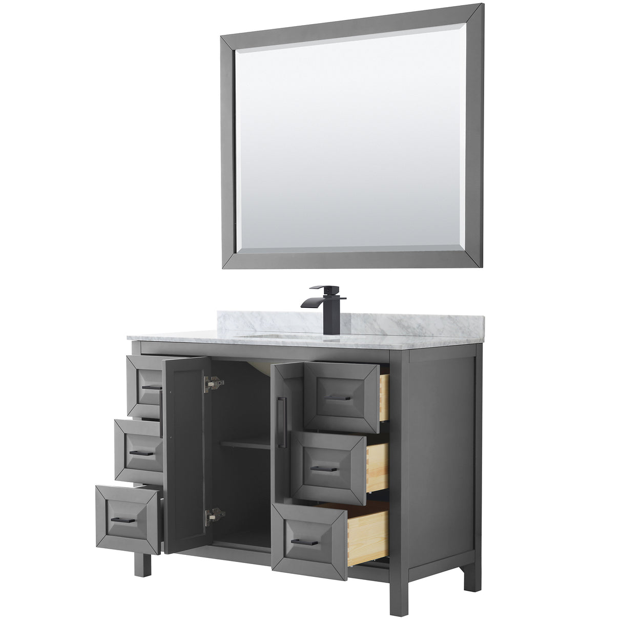 Daria 48 Inch Single Bathroom Vanity in Dark Gray White Carrara Marble Countertop Undermount Square Sink Matte Black Trim 46 Inch Mirror